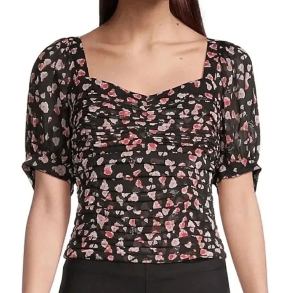KARL LAGERFELD PARIS Women's Floral Printed Ruched Puff-Sleeve Blouse S